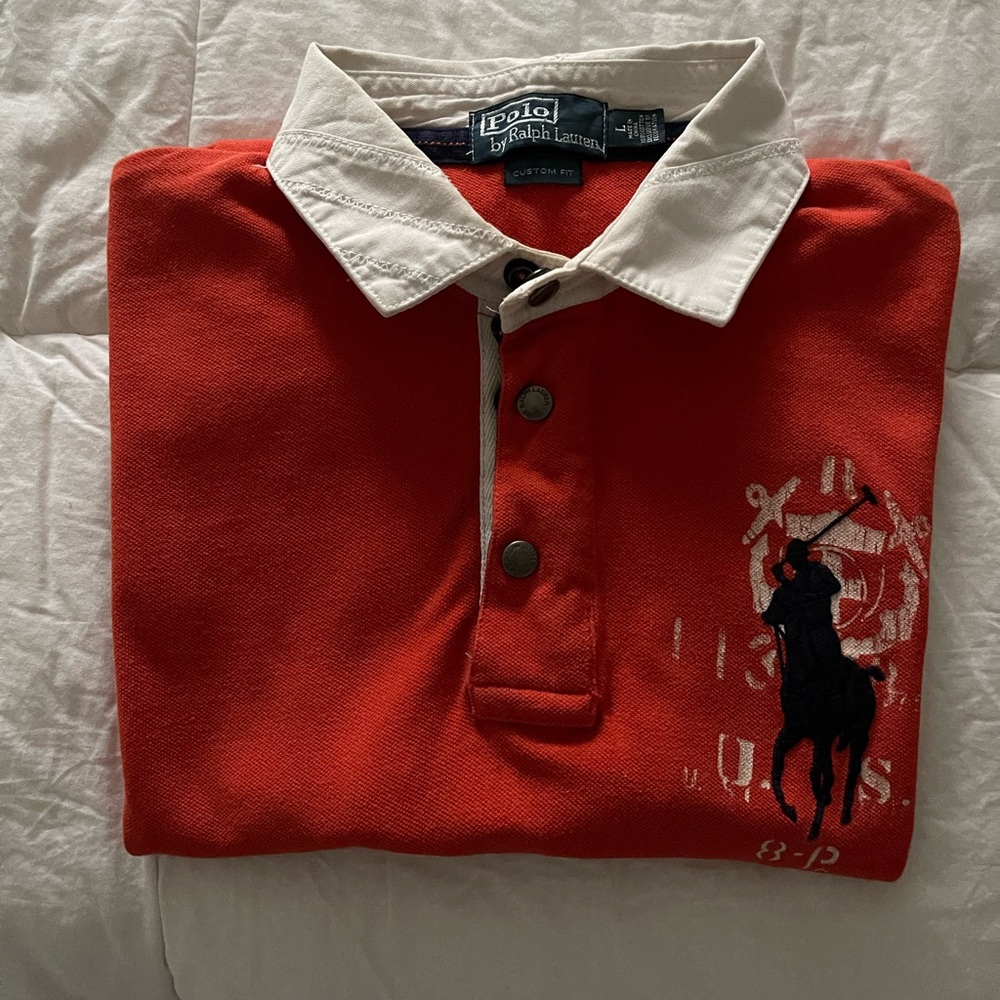 Orange, White and Blue Ralph Lauren Polo shirt size L